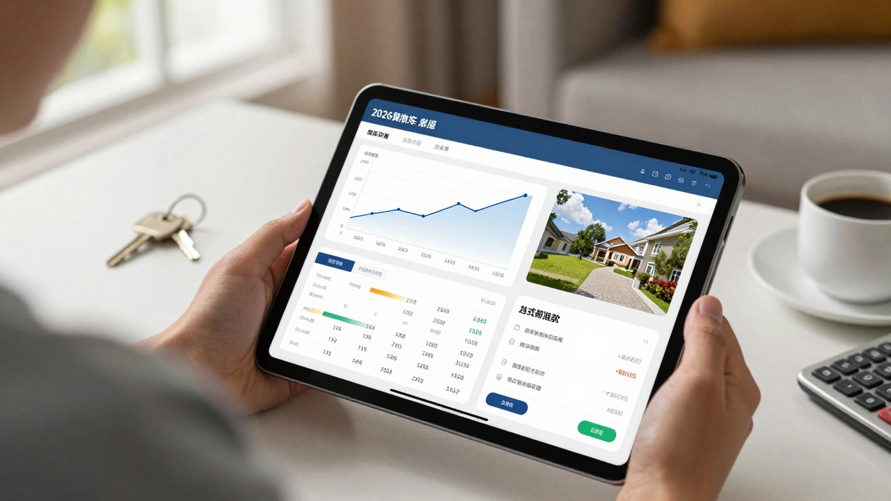 Person using tablet to analyze online property data and virtual tours in a sunny room.