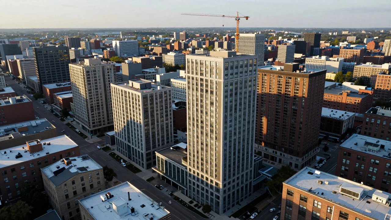 Aerial view of modern luxury condos and construction in downtown Detroit