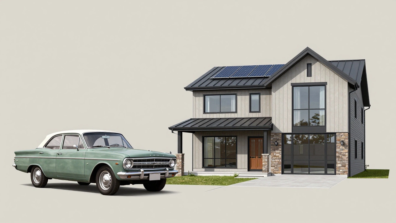 Comparison of vintage and modern rambler house designs with updated features.