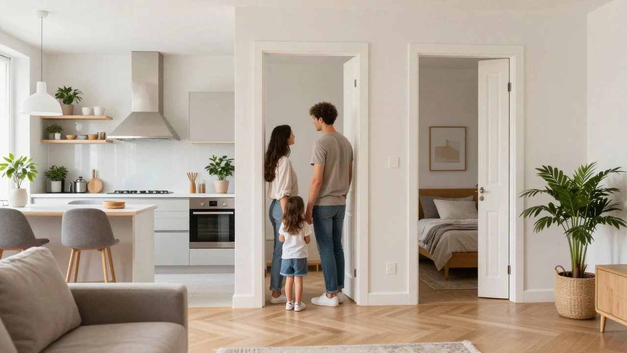 Couple viewing a spacious T3 apartment living room with two bedrooms
