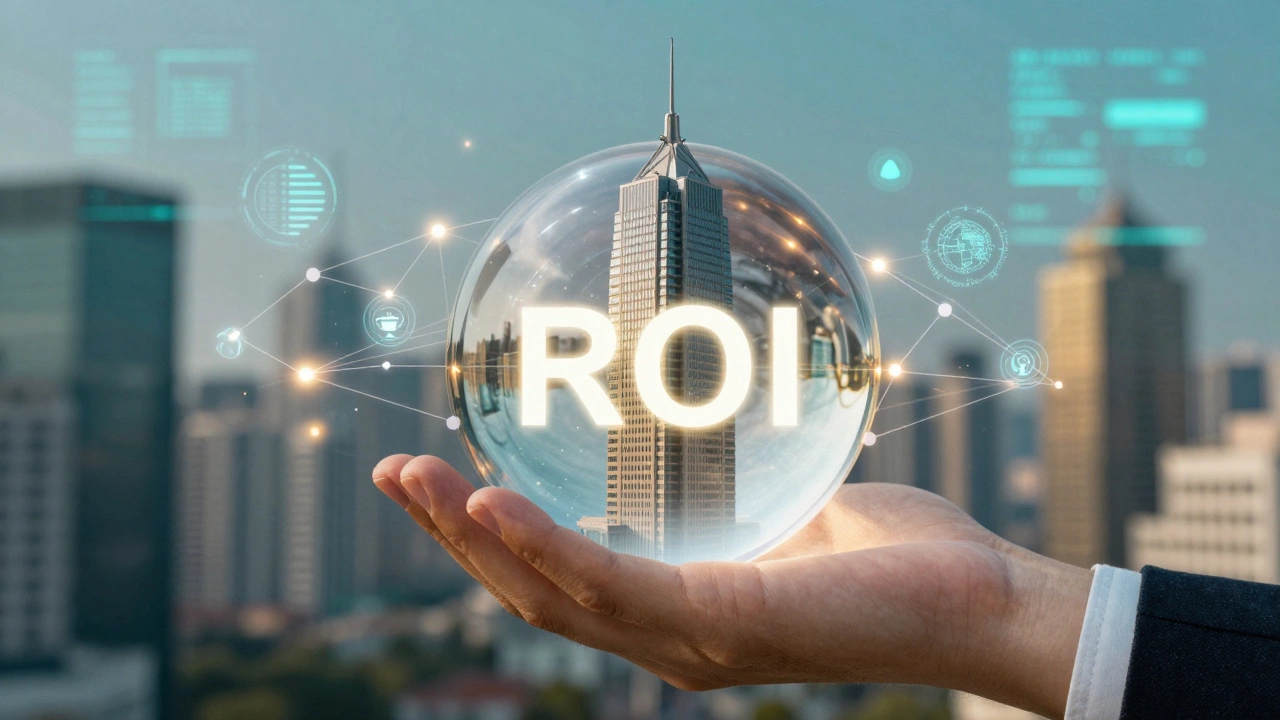 Crystal sphere with miniature skyscraper symbolizing real estate ROI and prestige