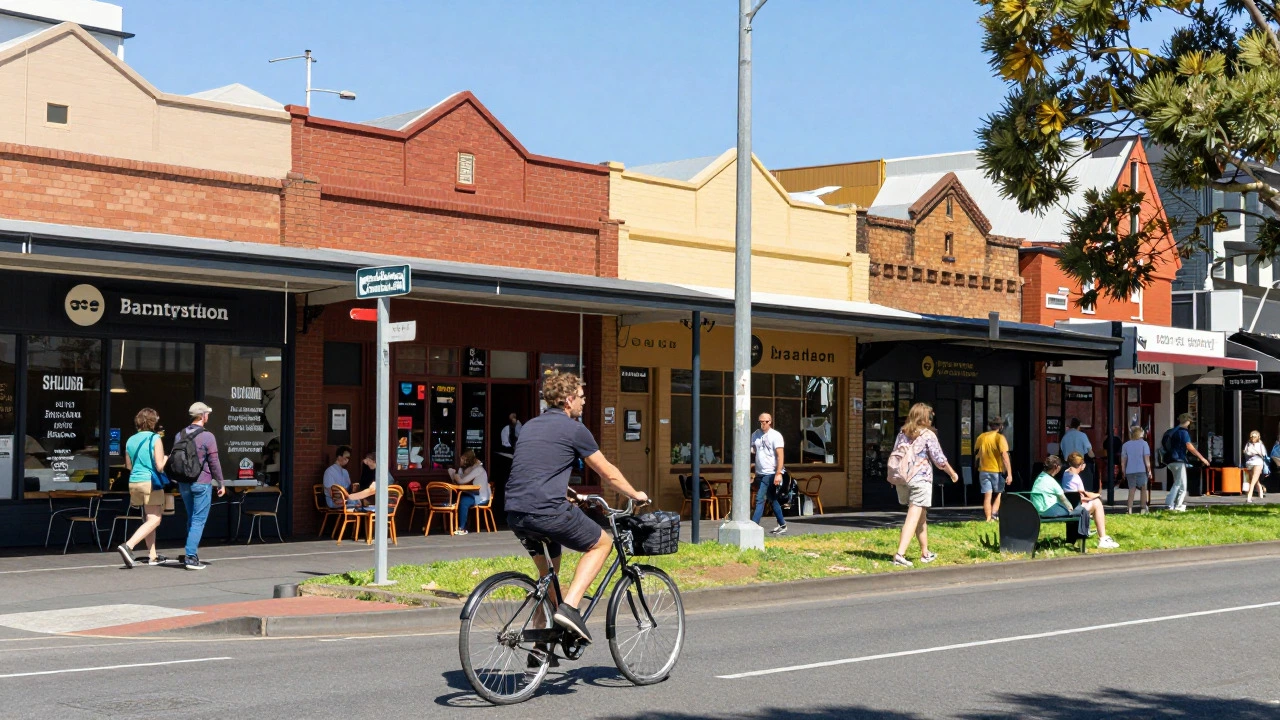 Cyclist riding past op-shops in a vibrant Sydney suburb