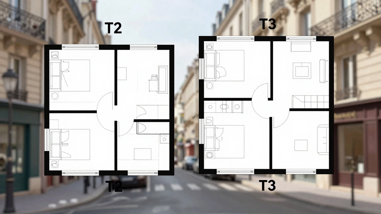 Floor plan comparison showing T2 vs T3 apartment layouts in France