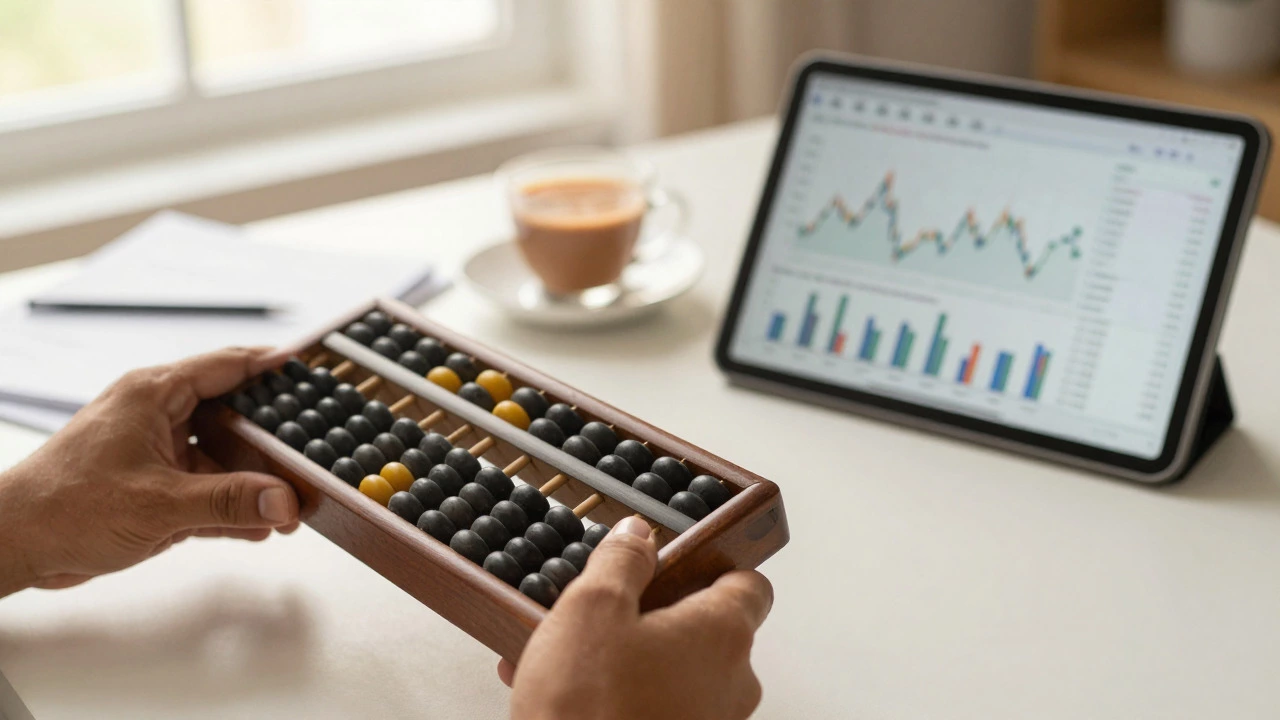 Hand with abacus and tablet in Indian office