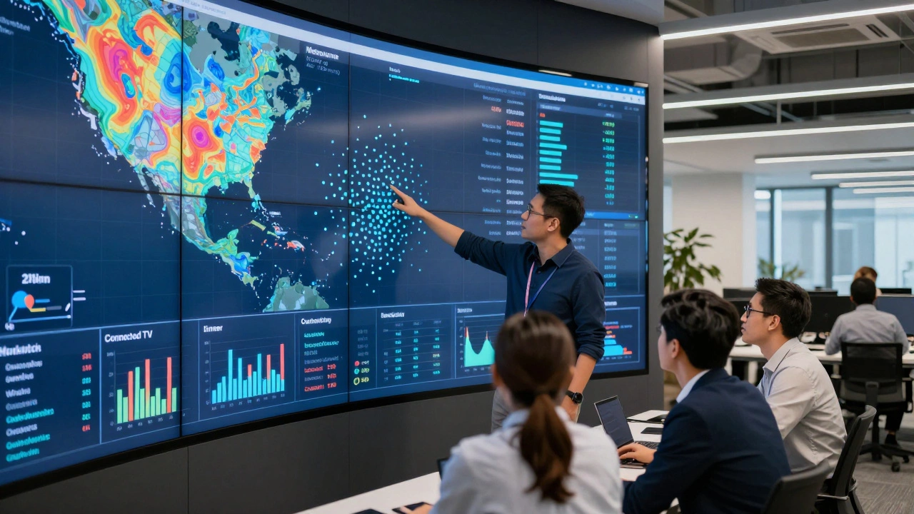 Marketing team analyzing ad performance data on large digital screens in an office
