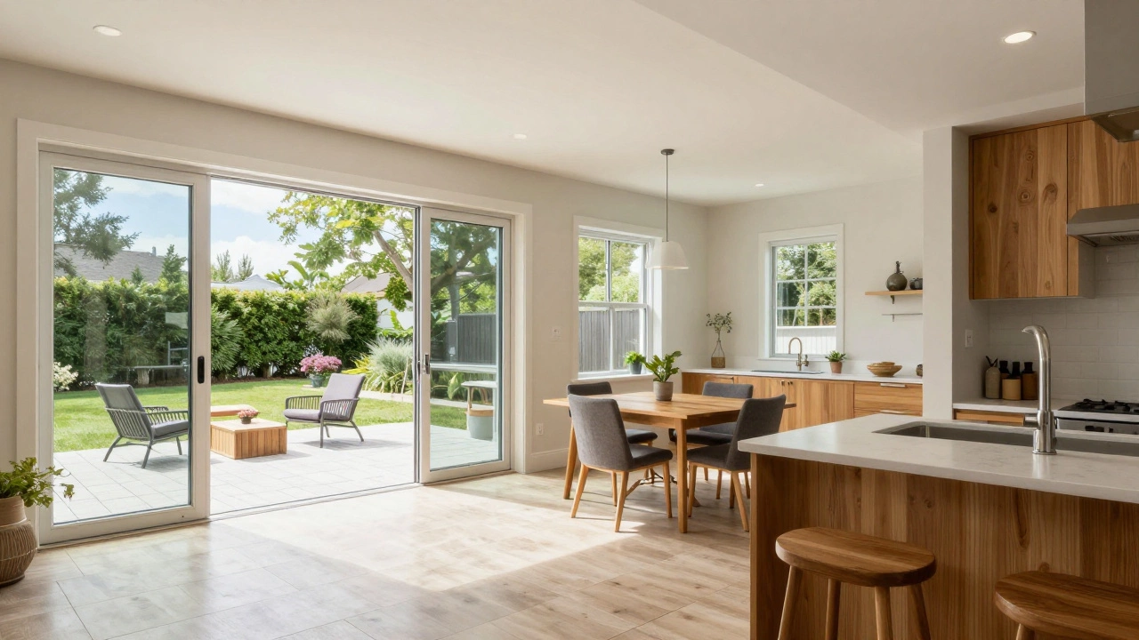 Open-plan interior of a rambler home flowing out to a sunny patio area.