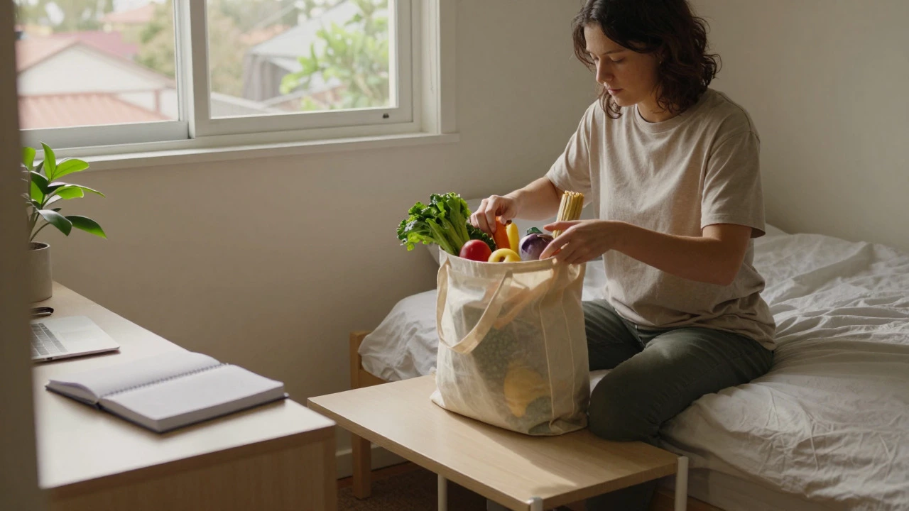 Person organizing groceries in a modest shared bedroom