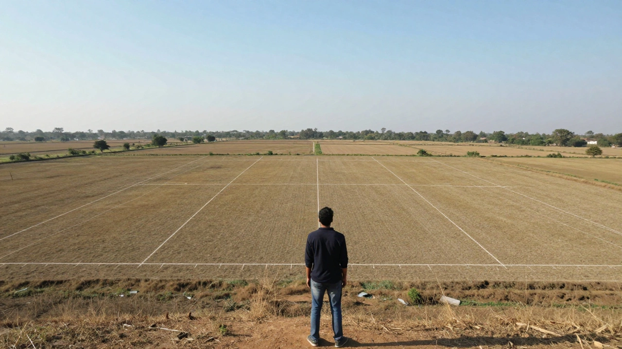 Person viewing a large five-acre rural property landscape