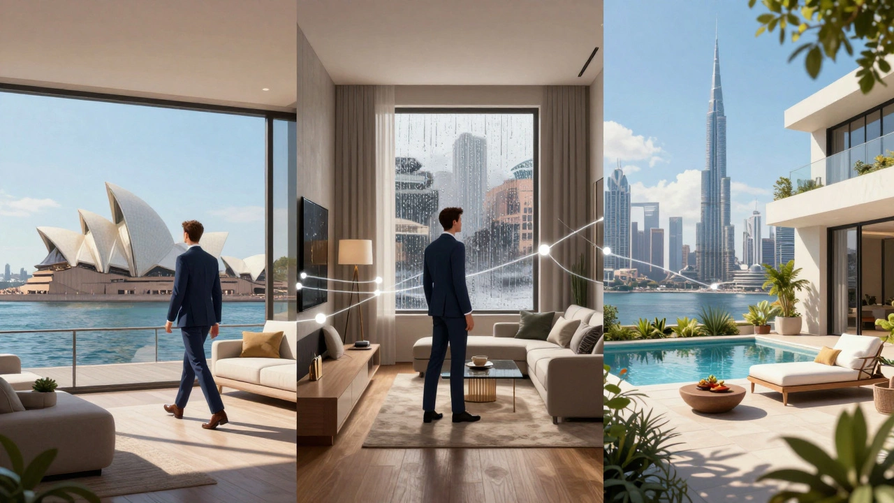 Split image showing luxury rentals in Sydney, London, and Dubai