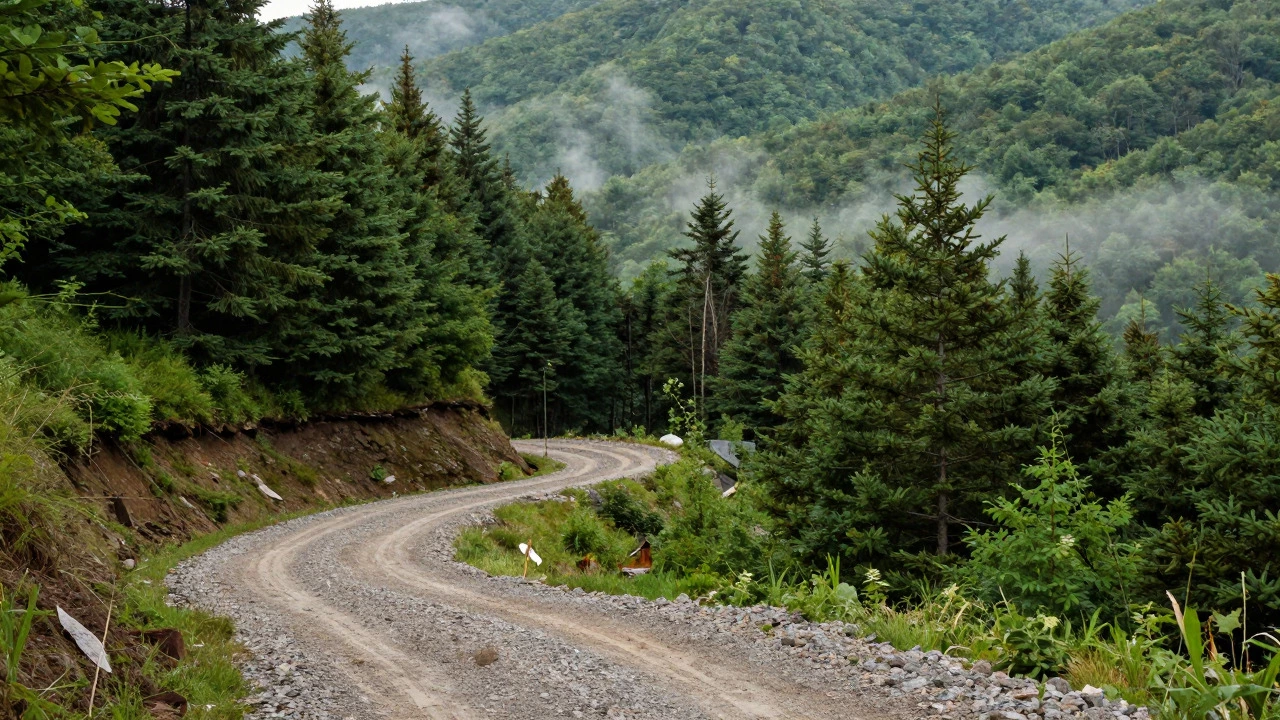 Steep, wooded hillsides in West Virginia with a gravel driveway