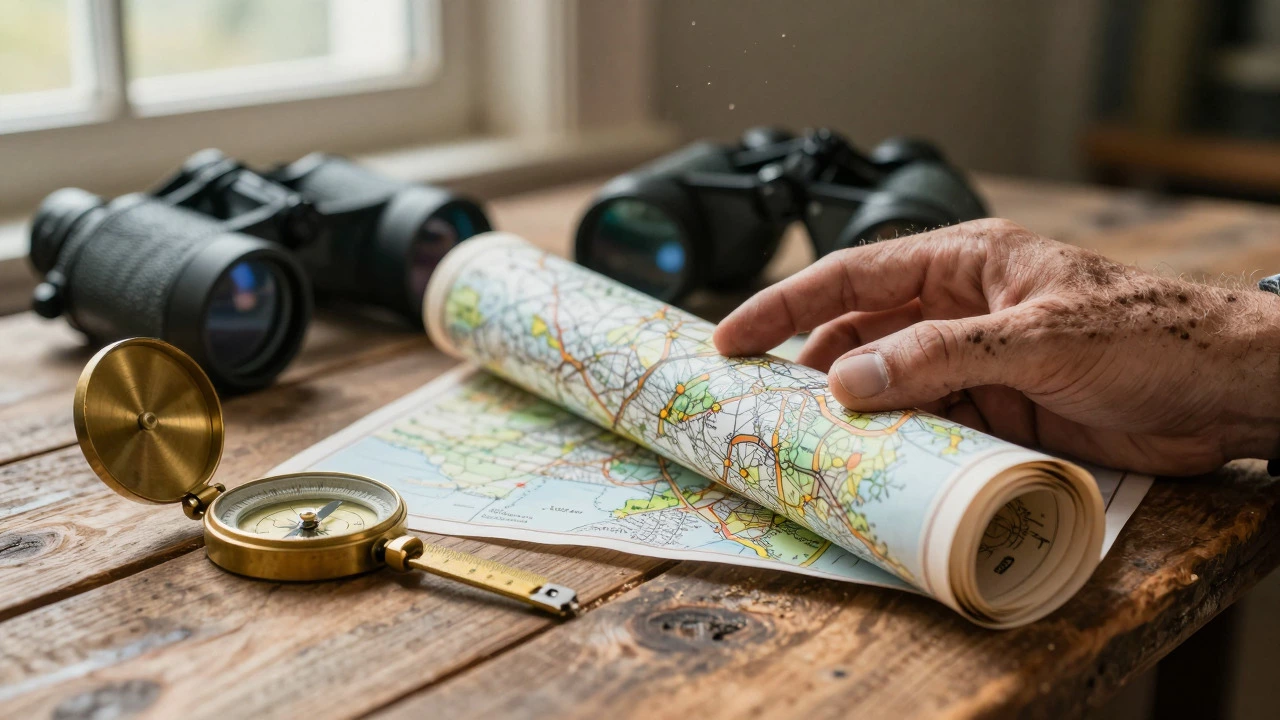 Surveying tools and a map on a wooden table symbolizing land research
