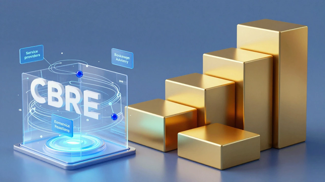 3D illustration contrasting service networks with solid asset blocks in real estate