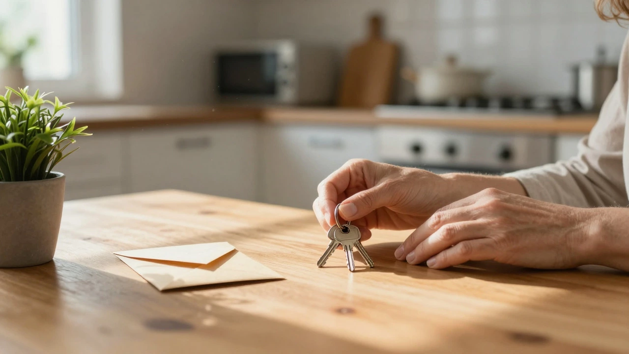 Close-up of hands placing house keys on a sunlit kitchen table.