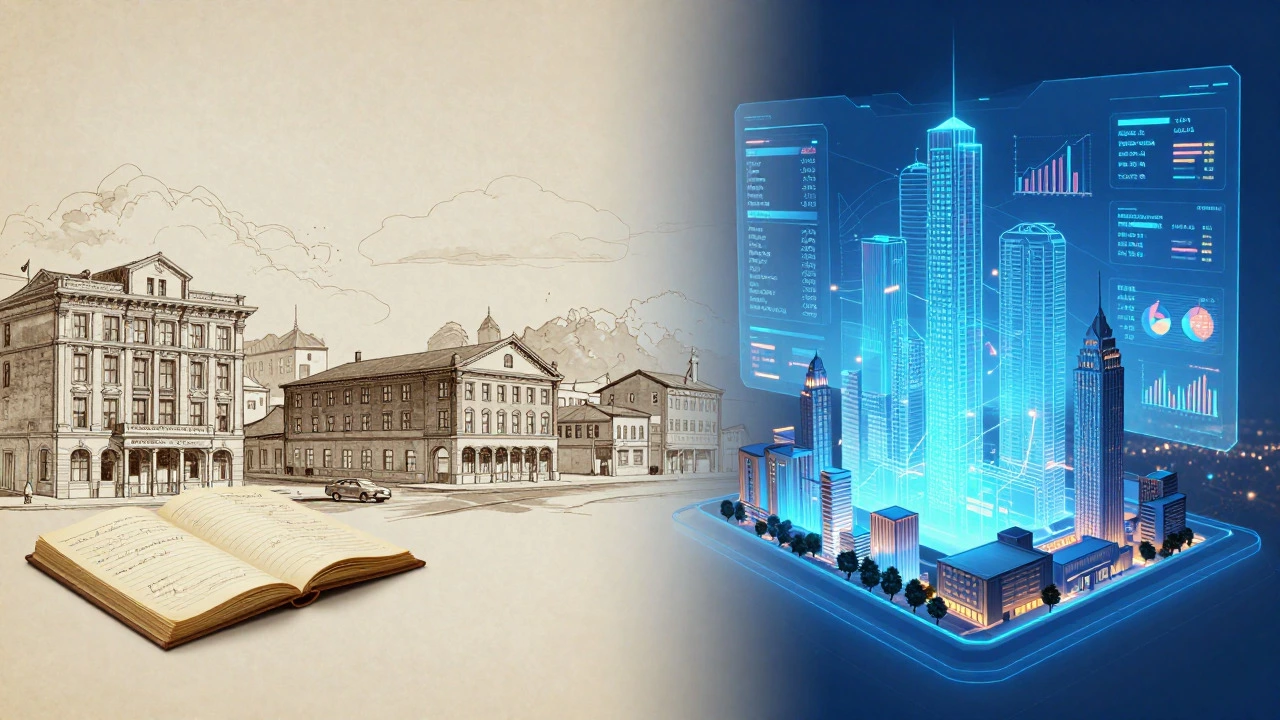 Conceptual art showing evolution from vintage records to digital data maps