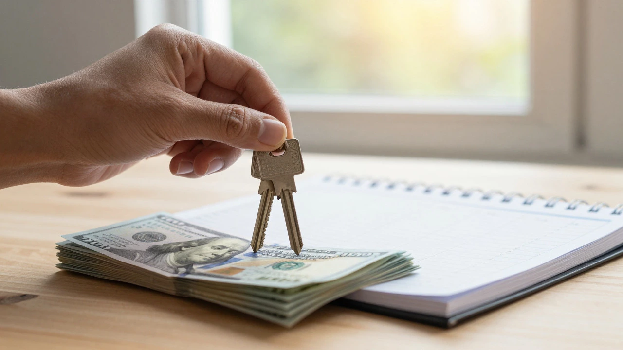 Hand holding keys over cash and a budget notebook