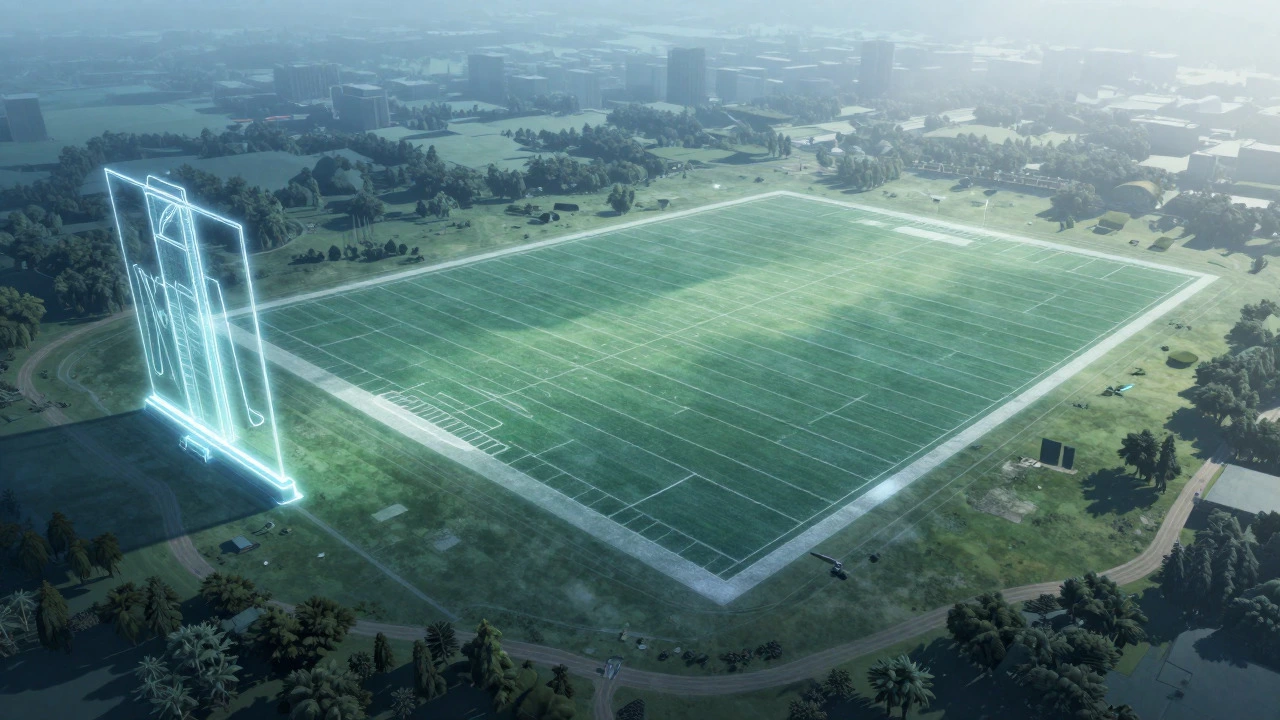 Illustration comparing a single football field to a vast 100-acre landscape