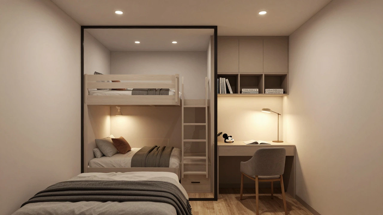 Illustration of two compact bedrooms in a 2BHK layout with smart storage