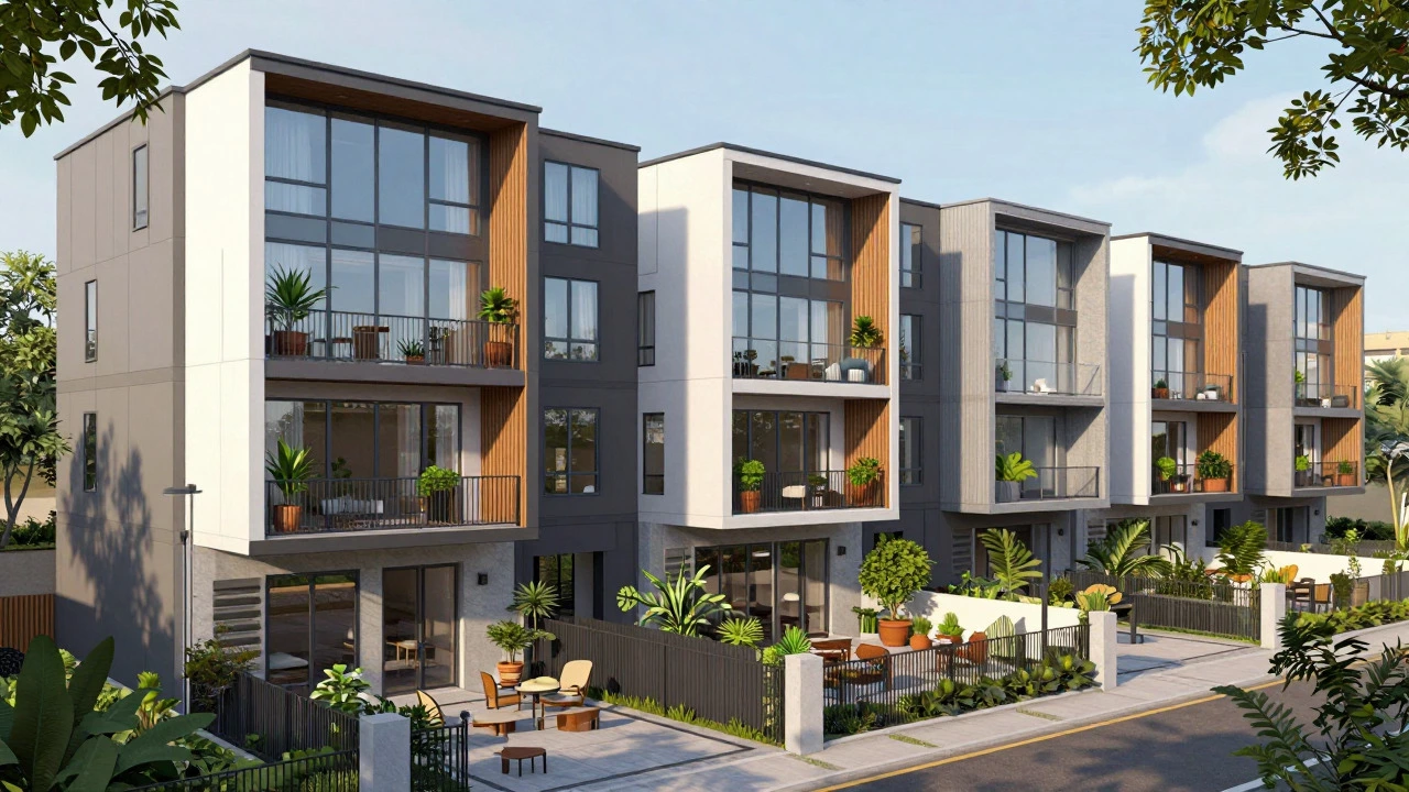 Modern townhouse complex with shared walls and community courtyard