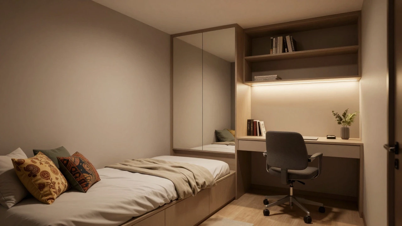 Multi-functional bedroom serving as office and guest room with mirrors