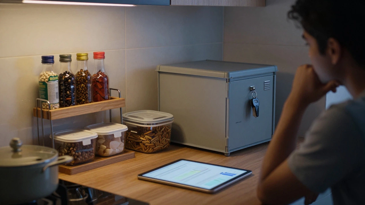 Organized kitchen and storage planning concept for small apartment living