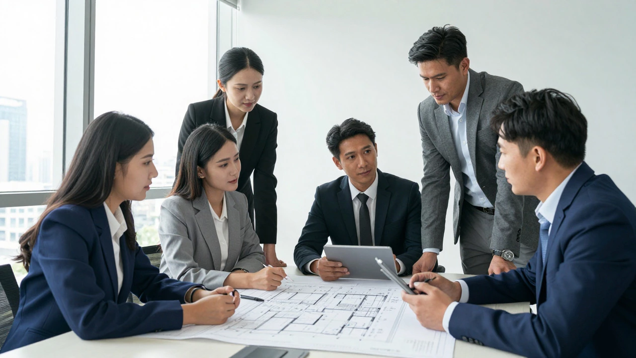Real estate experts reviewing blueprints in a modern conference room