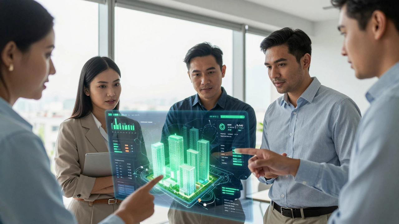 Real estate team analyzing holographic property data and sustainability metrics