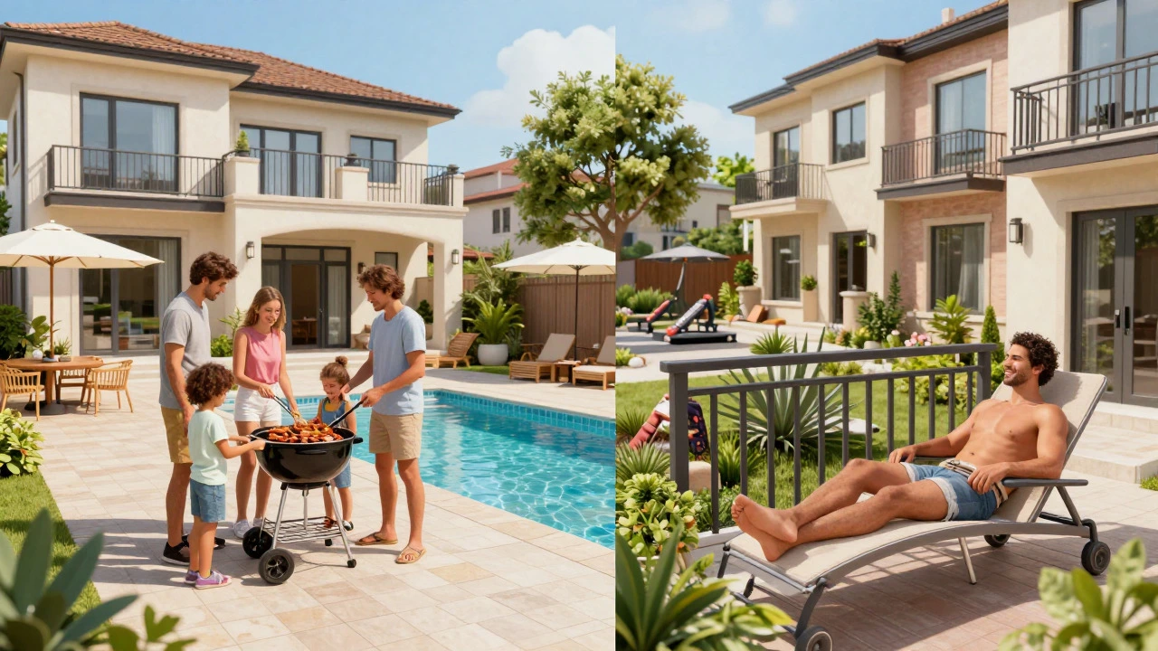 Split view comparing villa backyard freedom vs townhouse community
