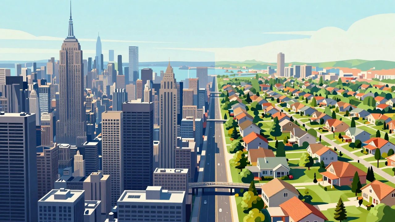 Split view contrasting dense city towers with rural homes