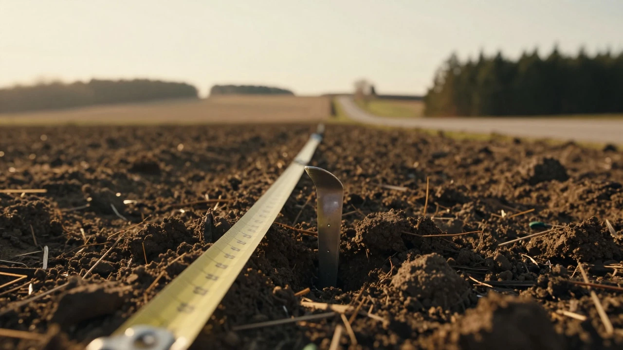 Surveyor's stake and tape measure in soil with a rural property in background
