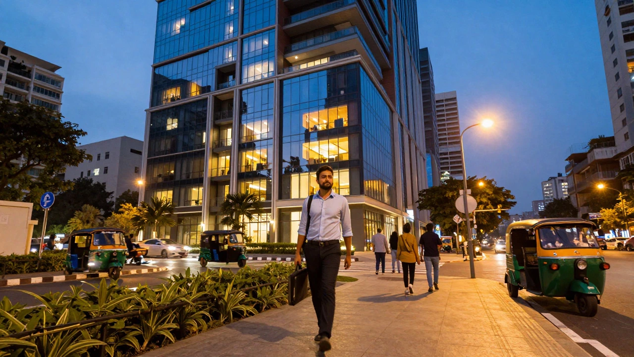 Young professional exiting a modern high-rise apartment building in a city at dusk