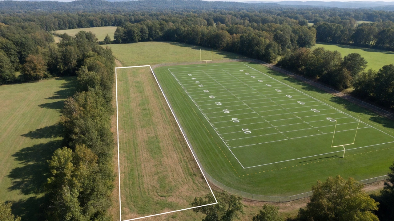 Aerial view comparing one-acre land strip to full-size football field for scale.