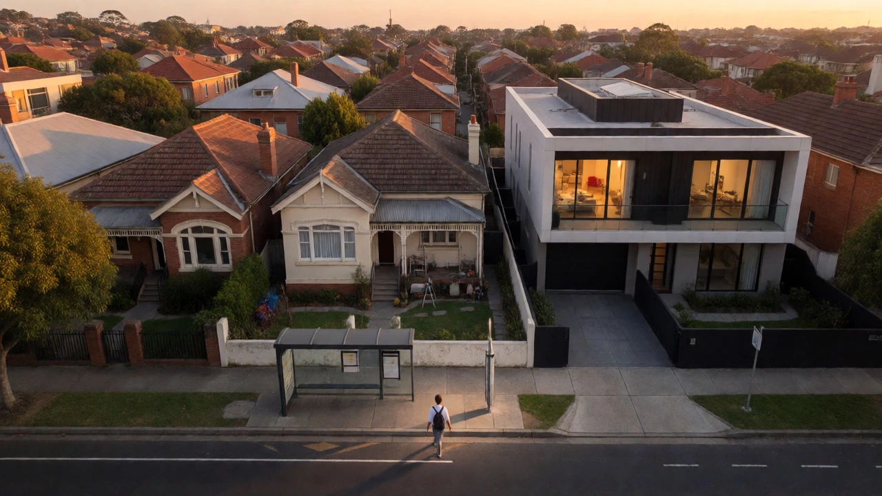 Aerial view of Sydney street contrasting a home needing repairs with a modern apartment, highlighting mobility.