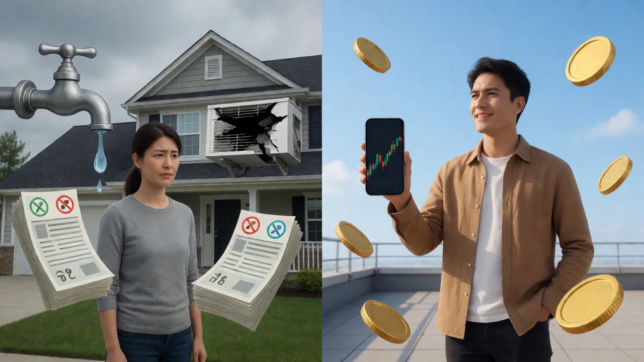 Conceptual split screen comparing a stressed homeowner with hidden costs against a confident renter investing surplus cash.