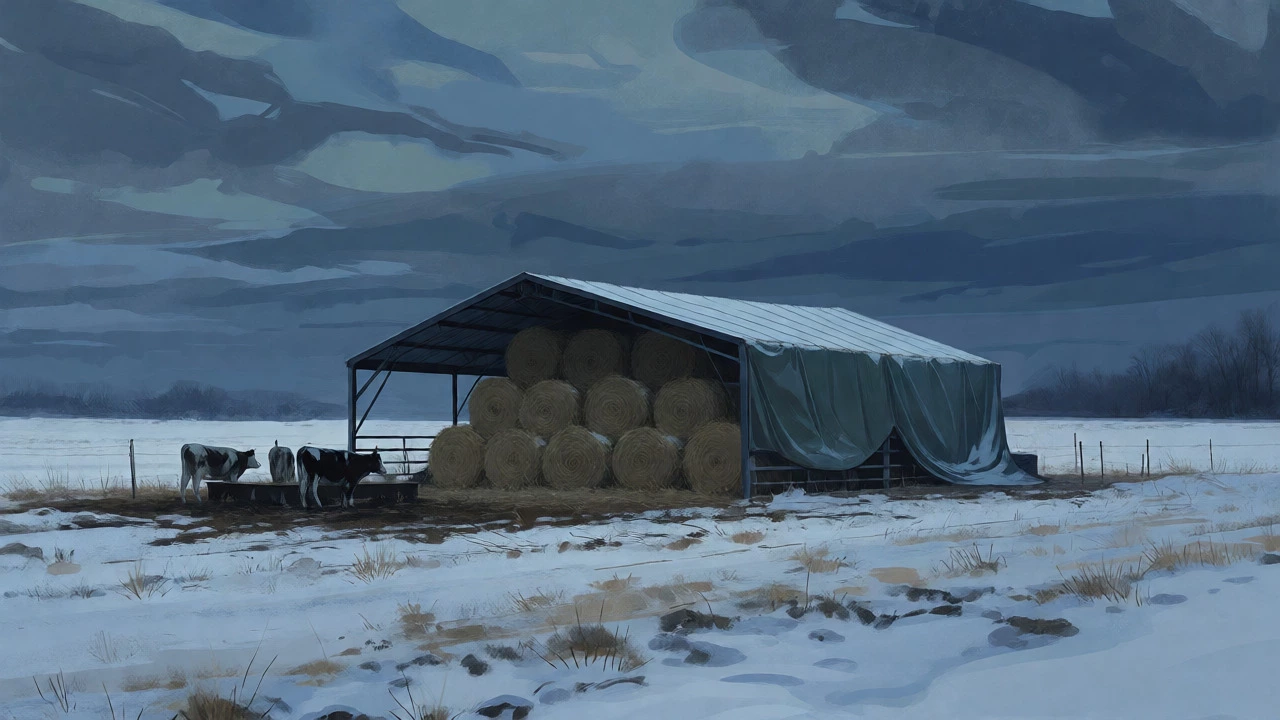 Cows sheltering near a barn with hay bales in a snowy winter field