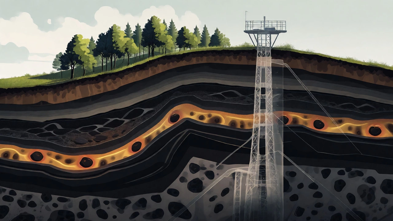 Cross-section diagram illustrating severed mineral rights beneath a wooded surface in West Virginia.