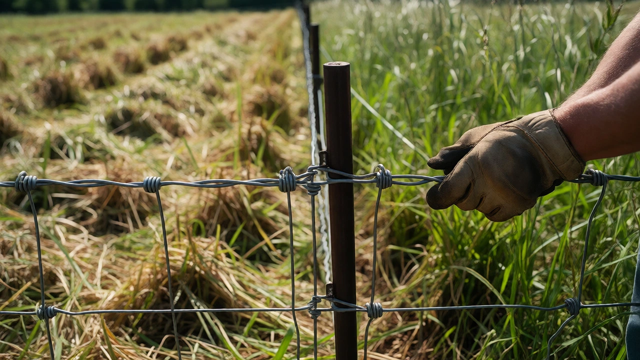 Farmer adjusting high-tensile fencing between grazed and ungrazed rotational paddocks