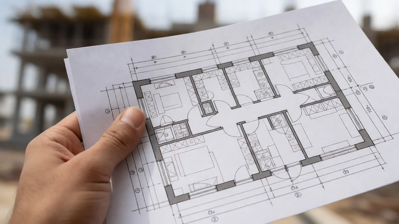 Hand holding detailed architectural blueprint focusing on room dimensions