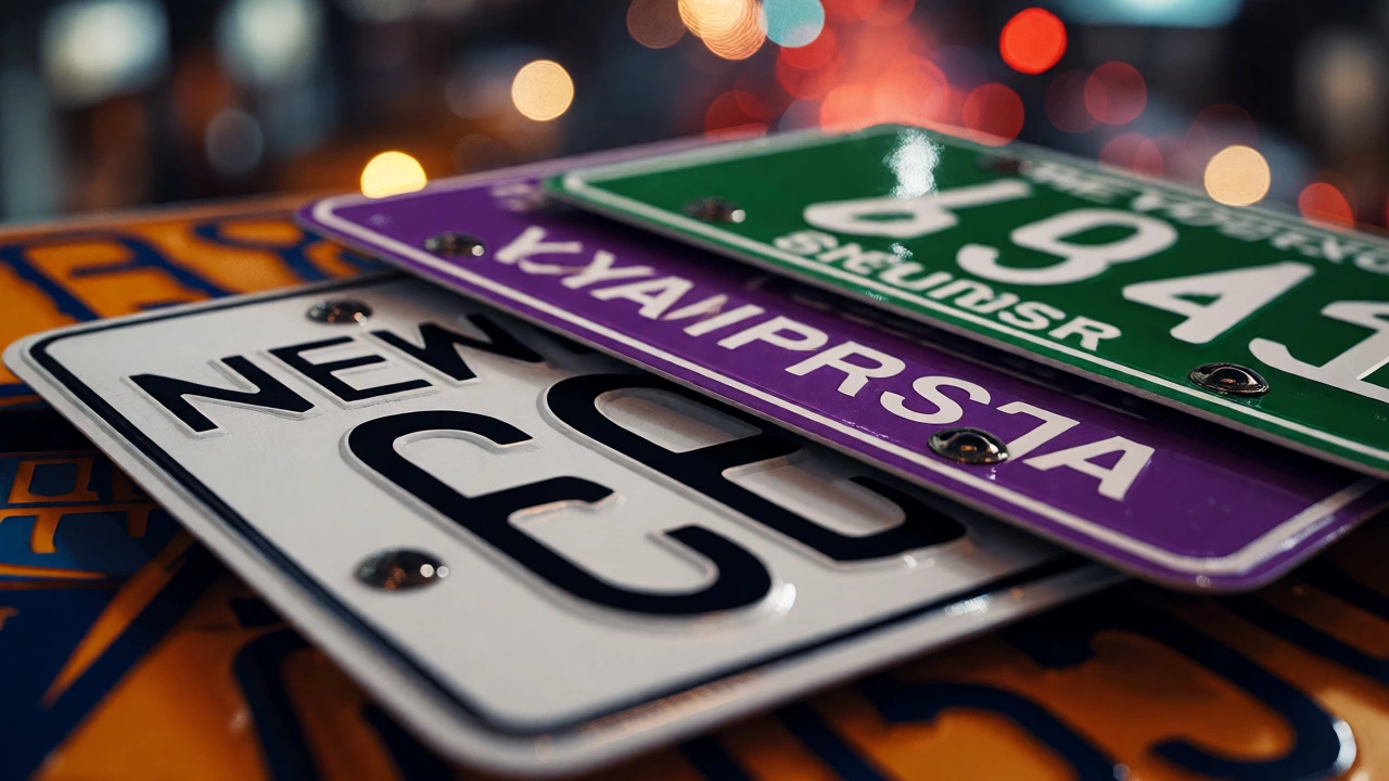 Macro shot of stacked New York license plates showing government, purple charity, and green conservation designs.