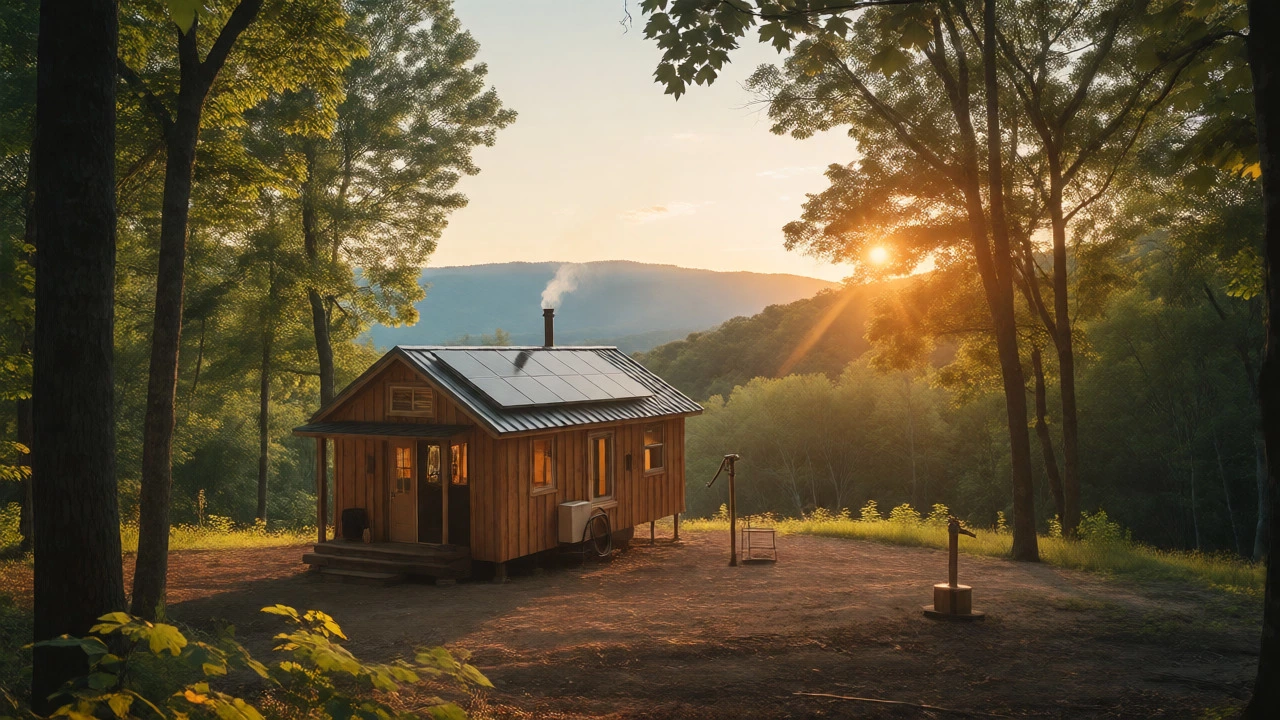 Secluded off-grid homestead with solar panels and a well on a wooded plot in West Virginia at sunset.