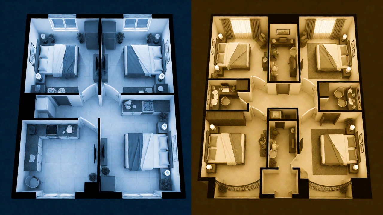 Side-by-side comparison of compact 2BHK and spacious 3i apartment layouts