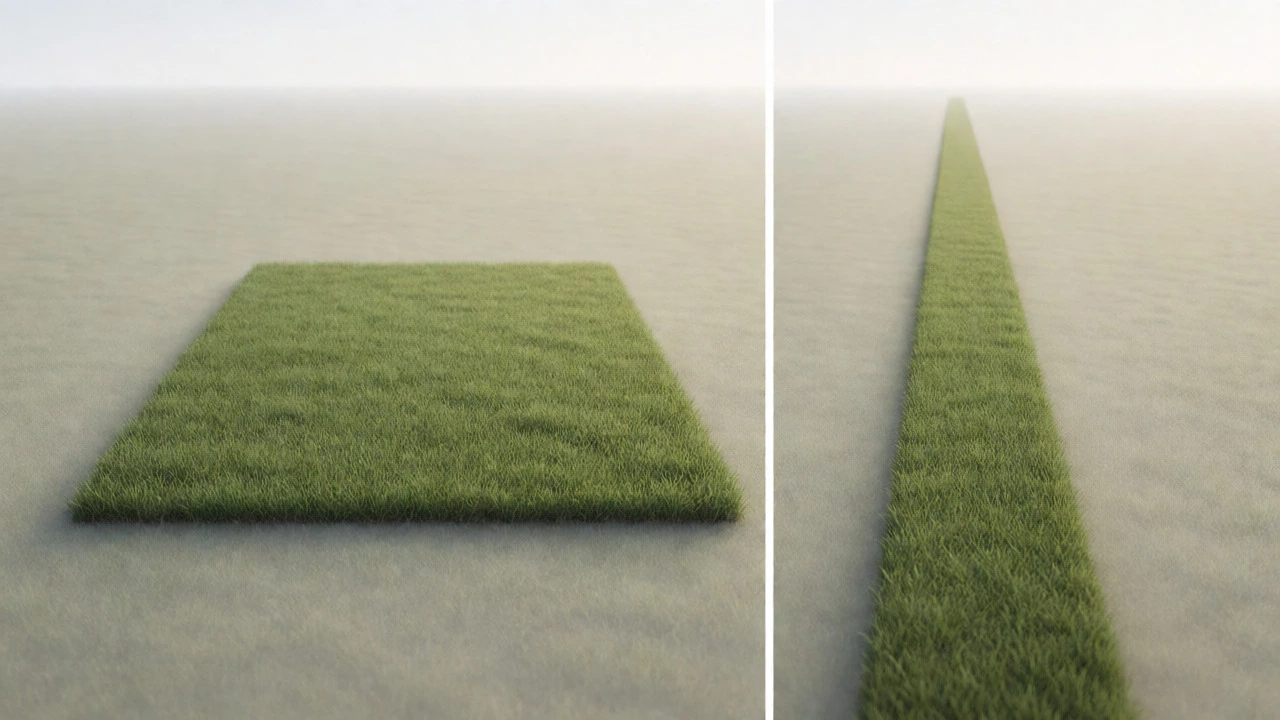 Split screen showing square acre plot versus long narrow acre strip for usability.