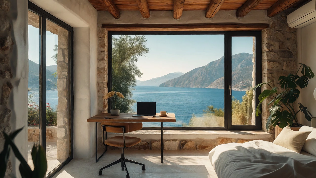Sunlit apartment interior in Saranda, Albania, with a workspace by the window showing a view of the Ionian Sea and mountains.