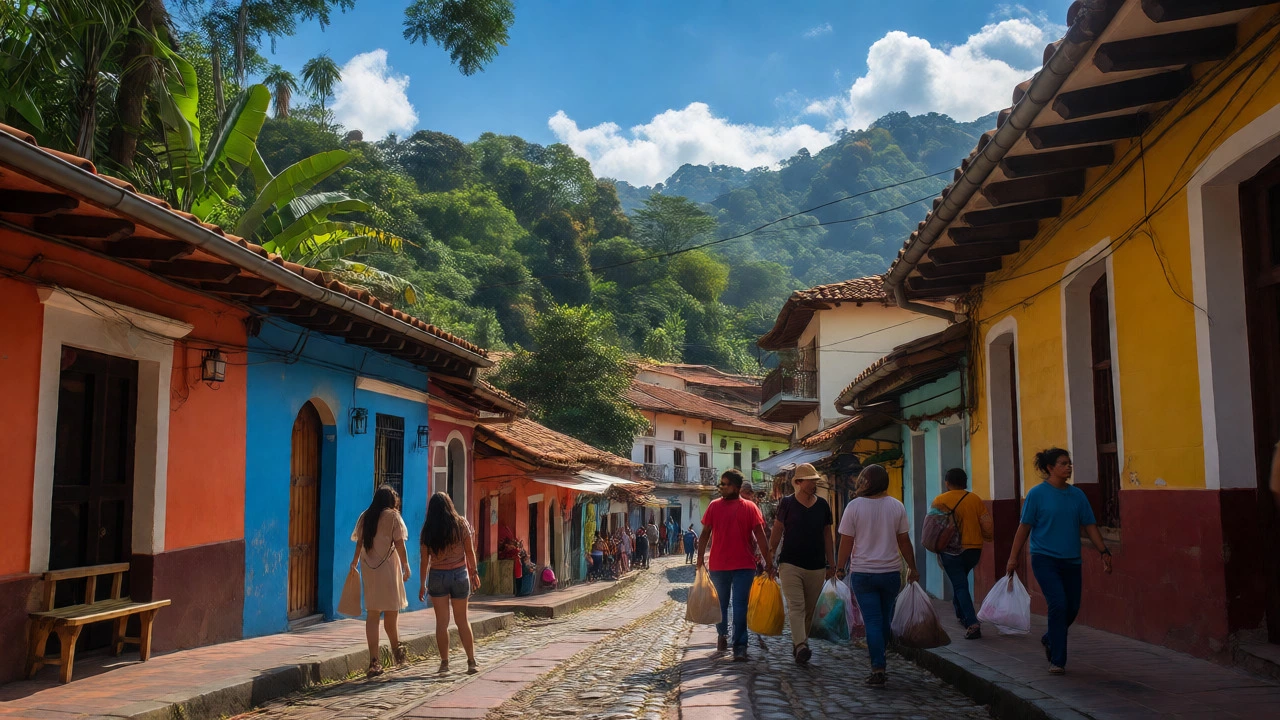 Sunny street scene in Medellín, Colombia, featuring cobblestone paths, lush green hills, and locals going about their day.