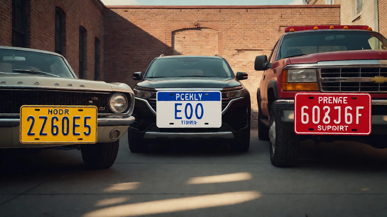 Three cars displaying yellow antique, white standard, and red specialty New York license plates parked together.