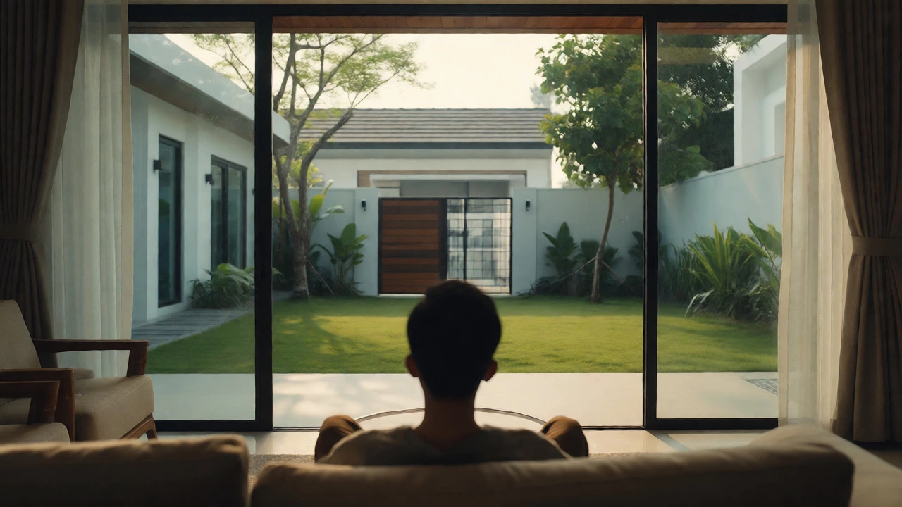 View from a villa living room looking out at a private, secluded backyard emphasizing privacy.