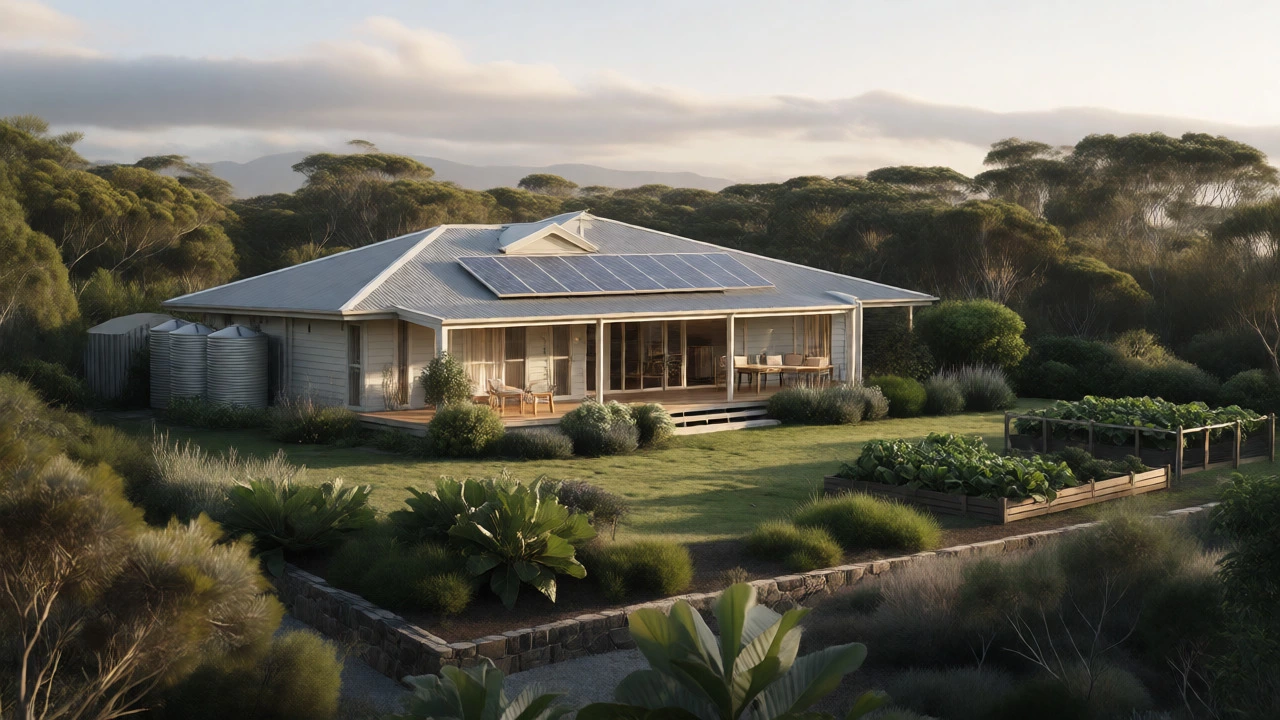 Australian coastal retreat with solar panels and garden for self-sufficiency