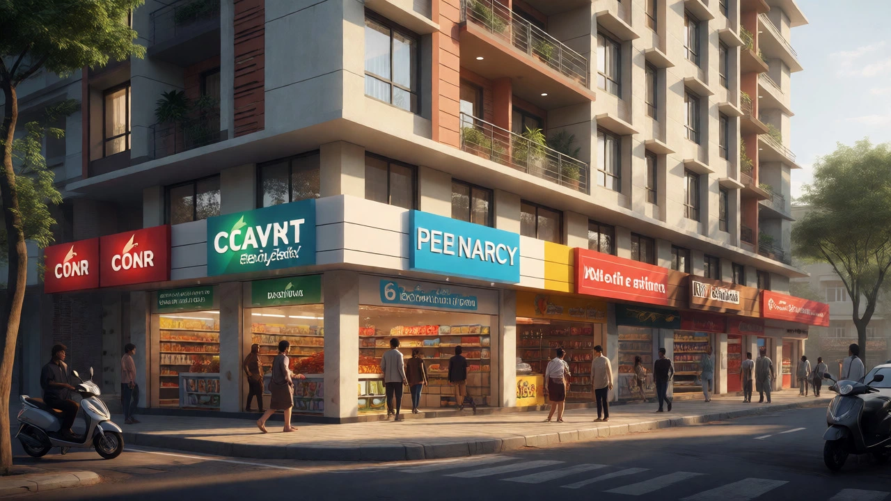 Mixed-use building with essential retail shops and residential units