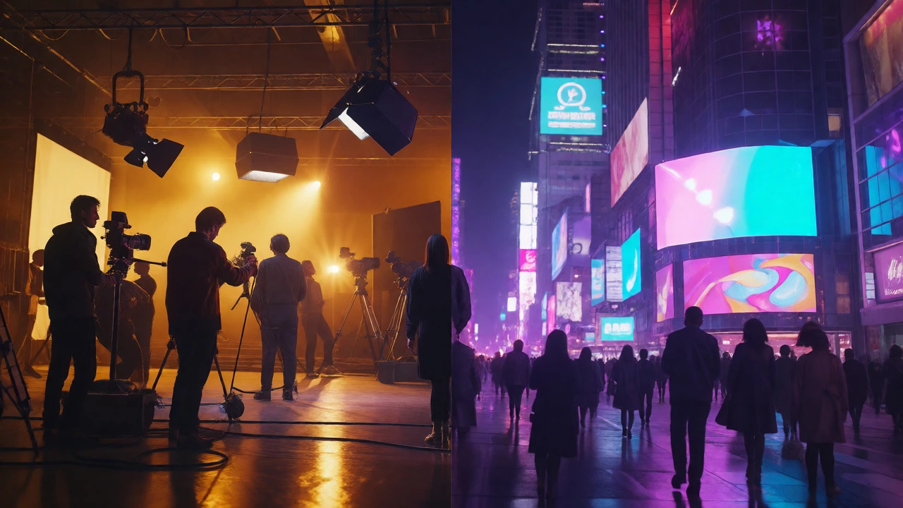 Split view of a film set and city billboards representing ad production and airtime.